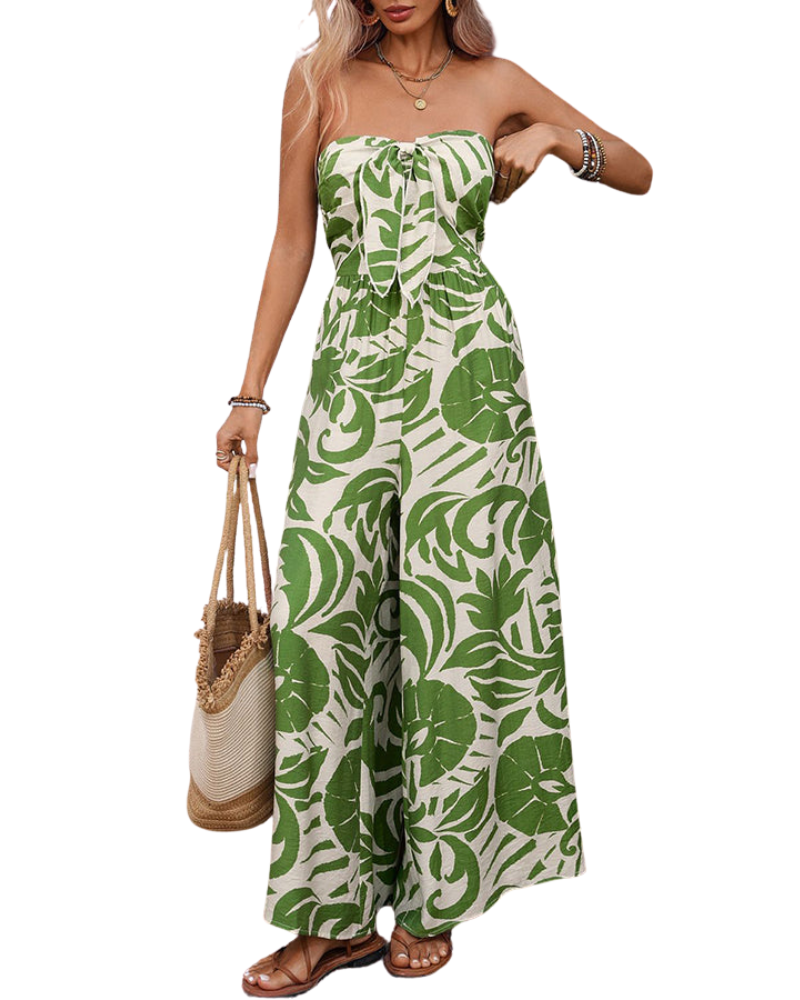 Women’s Strapless Printed Smocked Wide Leg Jumpsuit