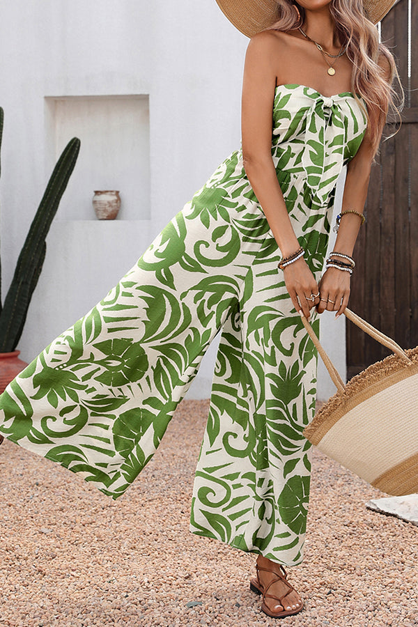 Women’s Strapless Printed Smocked Wide Leg Jumpsuit