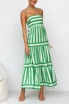 Women’s Striped Spaghetti Strap Tiered Maxi Dress