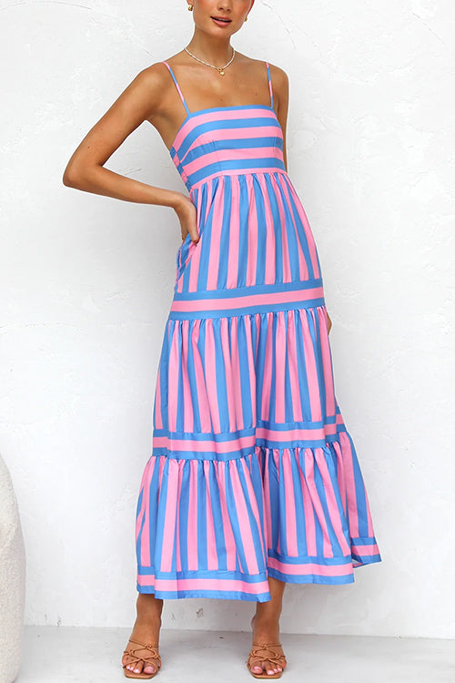 Women’s Striped Spaghetti Strap Tiered Maxi Dress