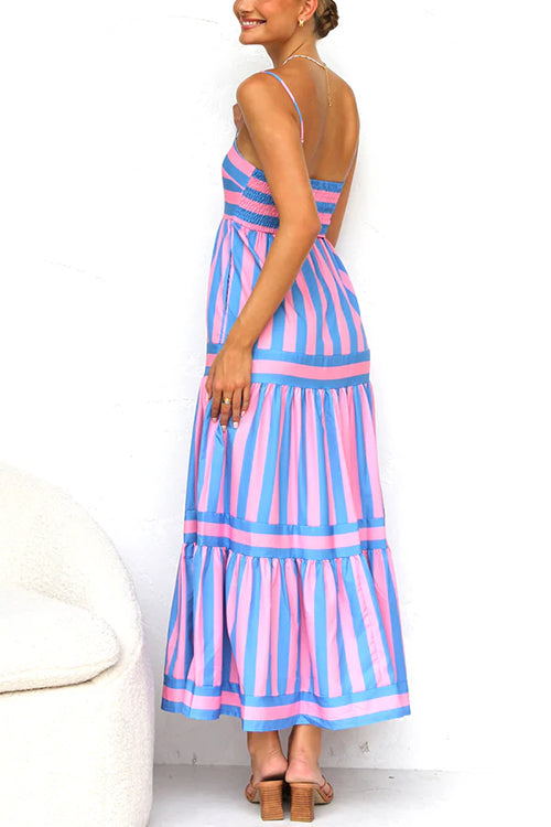 Women’s Striped Spaghetti Strap Tiered Maxi Dress