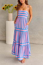 Women’s Striped Spaghetti Strap Tiered Maxi Dress