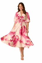 Women's Floral Puff Sleeve Midi Dress with Twist Front