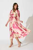 Women's Floral Puff Sleeve Midi Dress with Twist Front