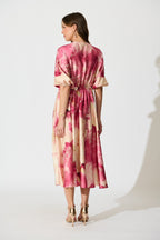 Women's Floral Puff Sleeve Midi Dress with Twist Front