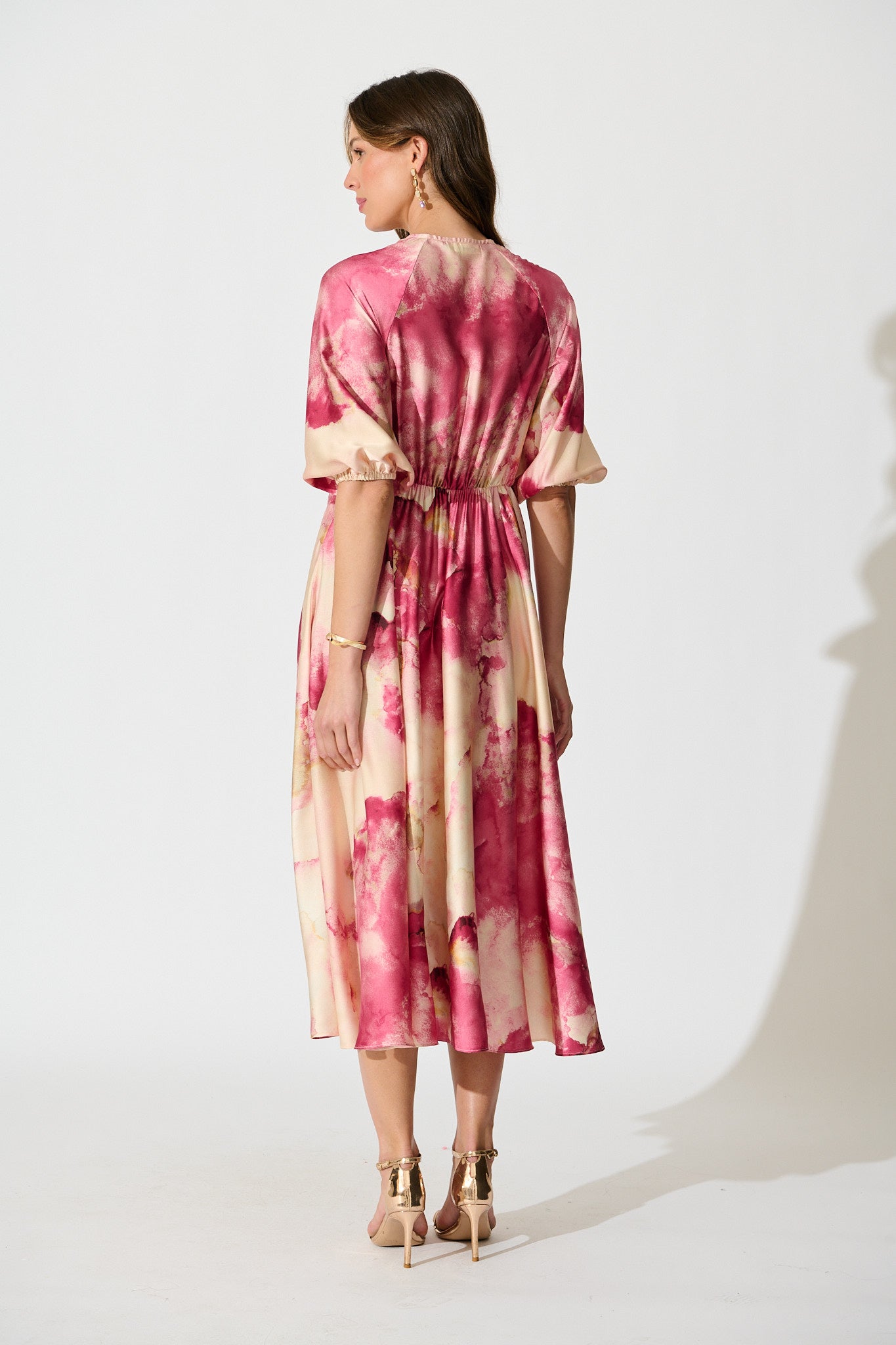 Women's Floral Puff Sleeve Midi Dress with Twist Front