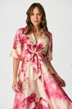 Women's Floral Puff Sleeve Midi Dress with Twist Front