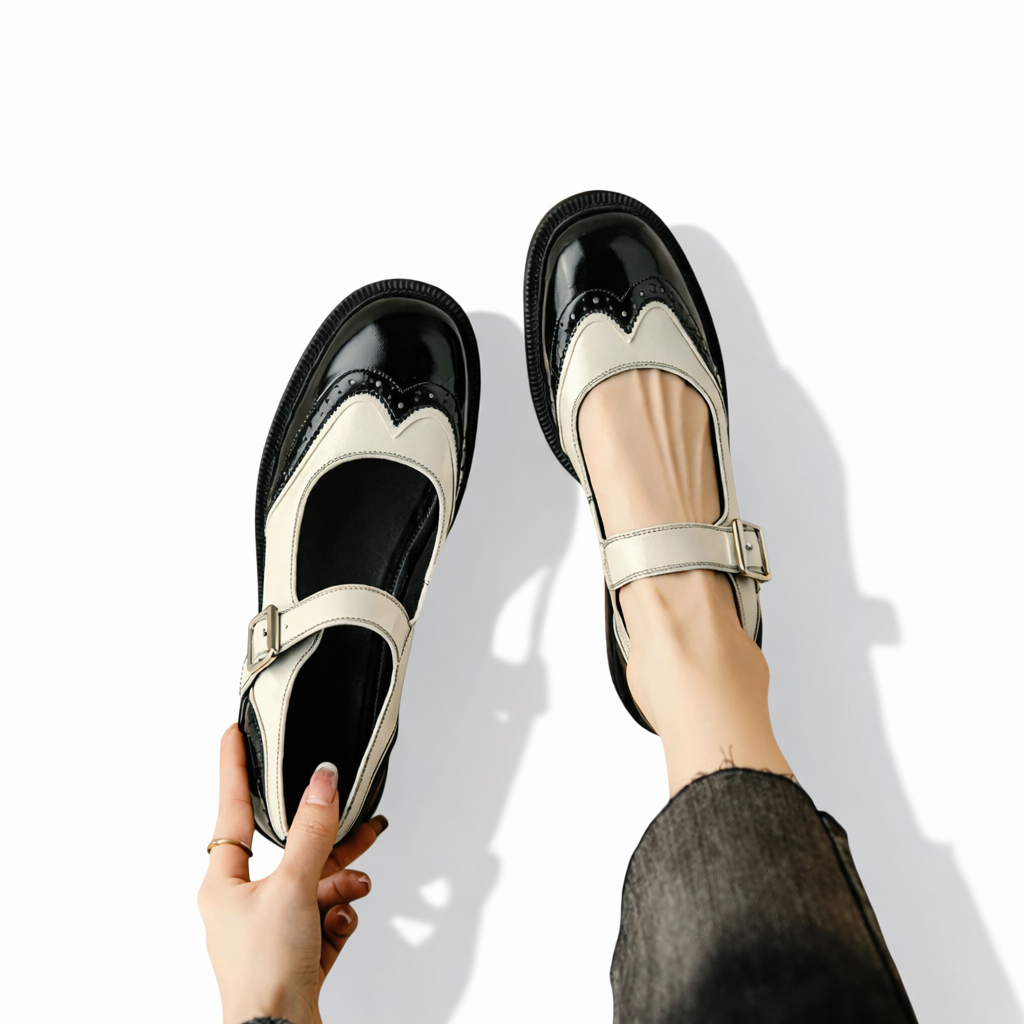 Women’s Rounded Toe Strap Shoes with Contrast Panel and Buckle Detail