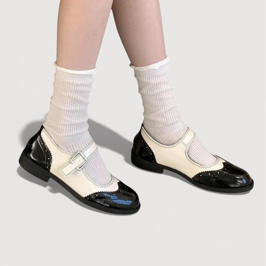 Women’s Rounded Toe Strap Shoes with Contrast Panel and Buckle Detail