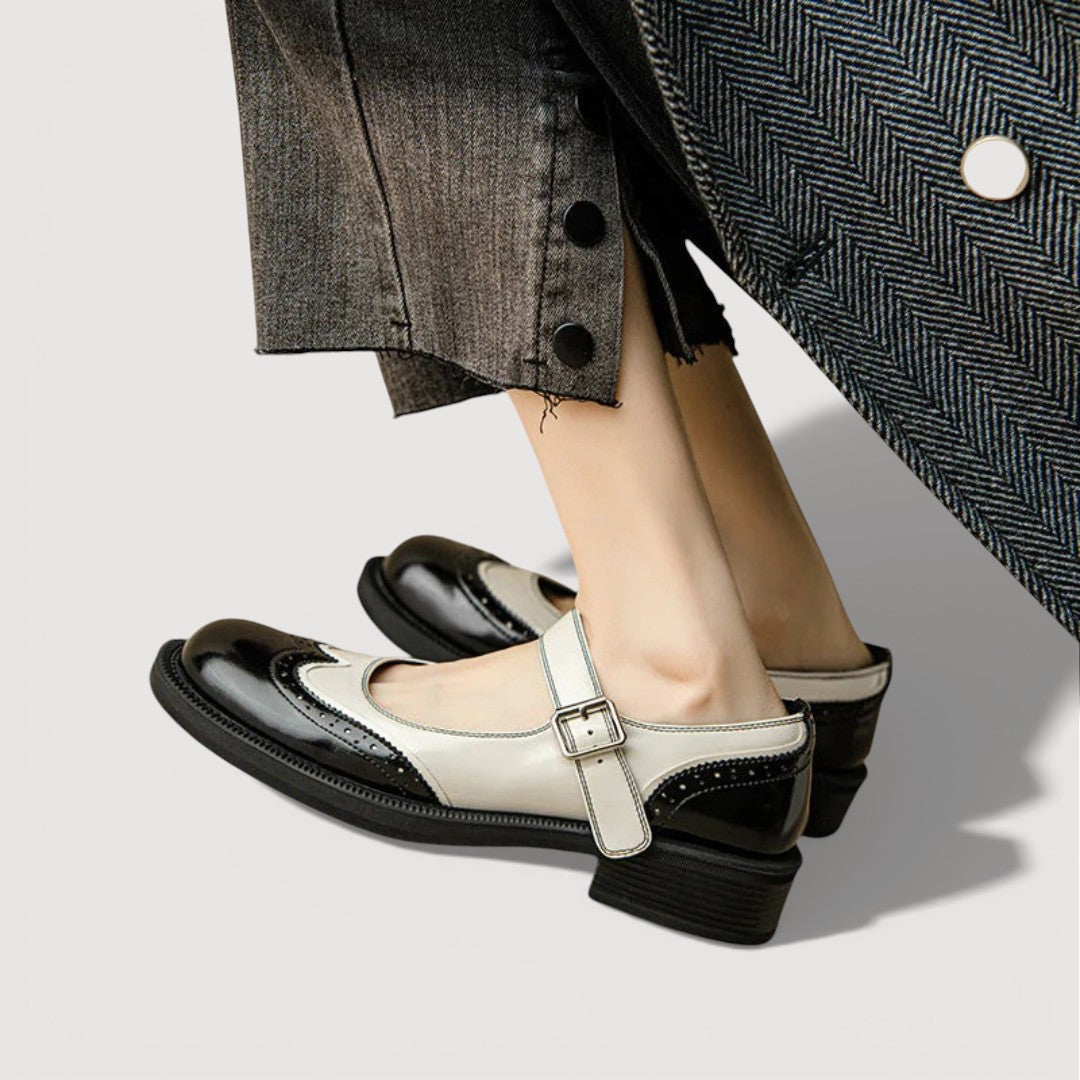 Women’s Rounded Toe Strap Shoes with Contrast Panel and Buckle Detail