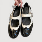 Women’s Rounded Toe Strap Shoes with Contrast Panel and Buckle Detail