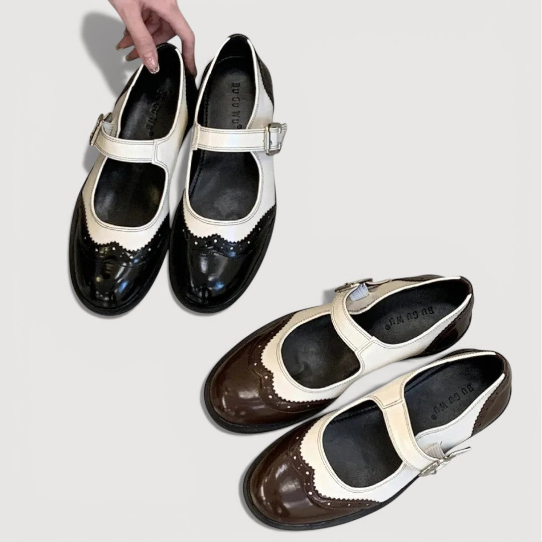 Women’s Rounded Toe Strap Shoes with Contrast Panel and Buckle Detail