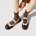 Women’s Rounded Toe Strap Shoes with Contrast Panel and Buckle Detail