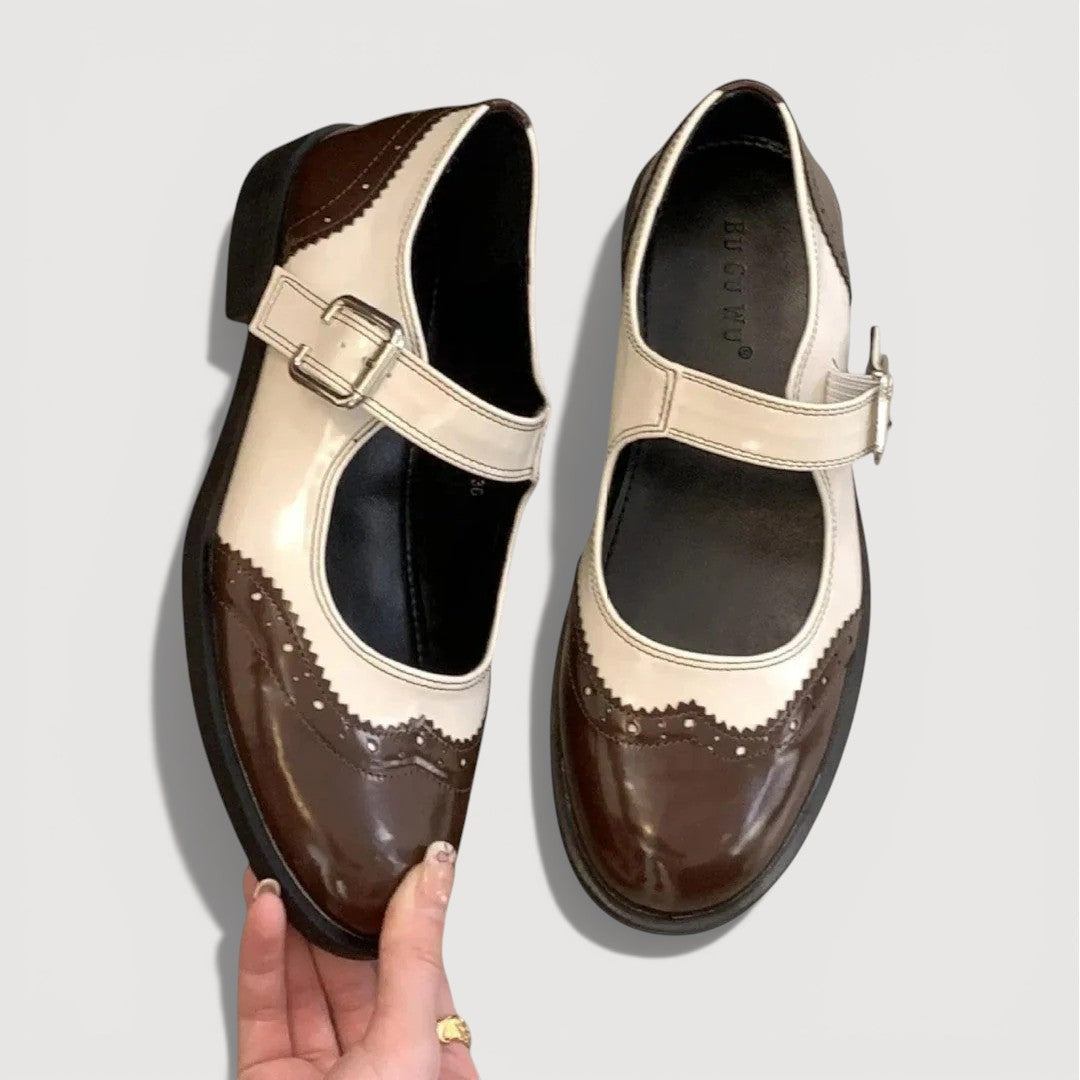 Women’s Rounded Toe Strap Shoes with Contrast Panel and Buckle Detail