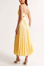Women’s V-Neck Cut-Out Waist Sleeveless Pleated Maxi Dress