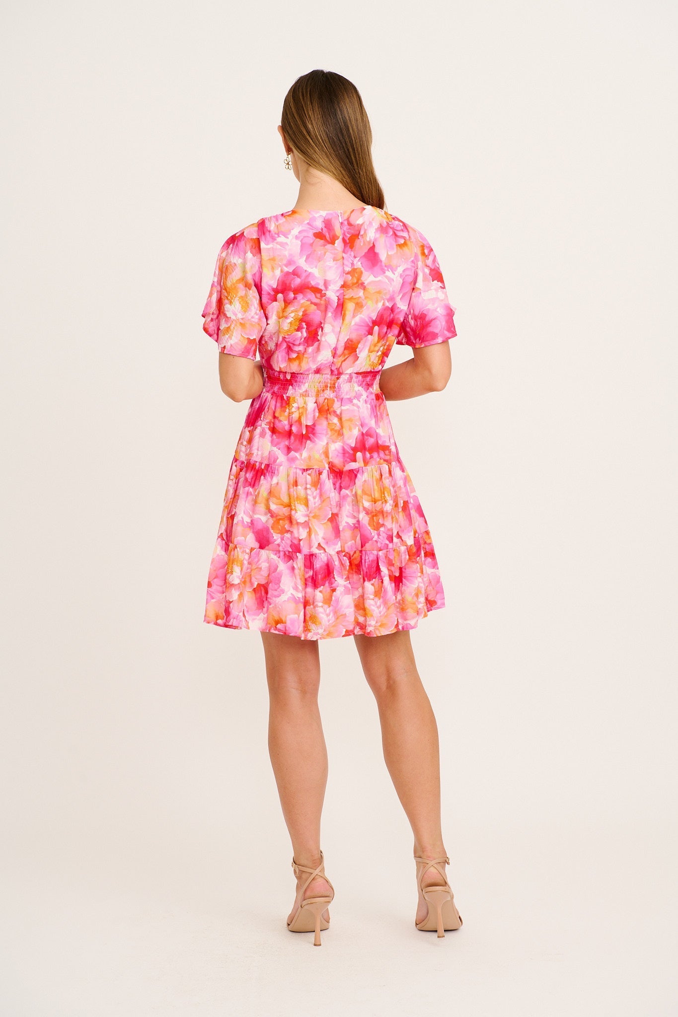 Women's Tiered Floral Mini Dress with Flutter Sleeves