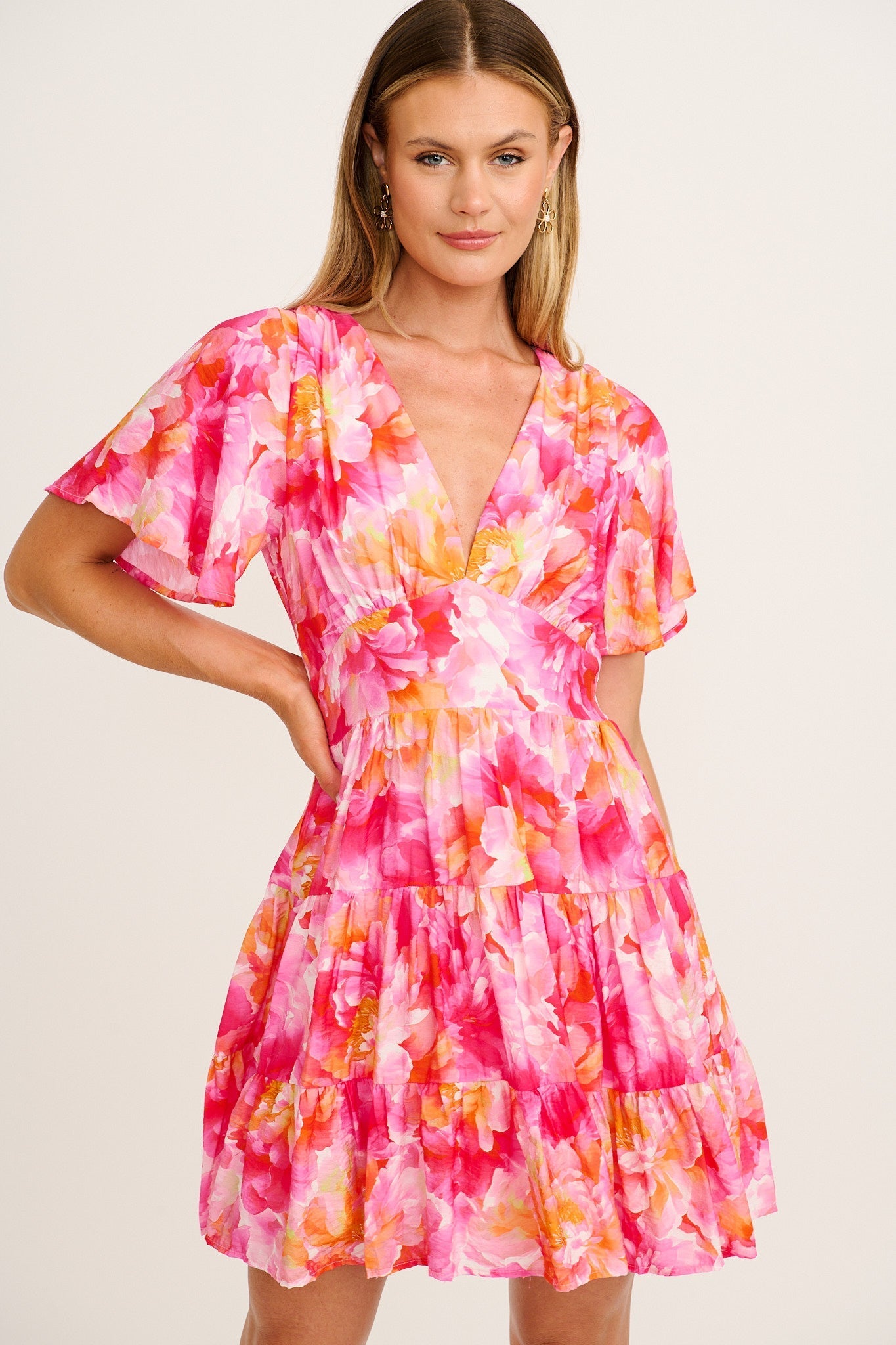 Women's Tiered Floral Mini Dress with Flutter Sleeves