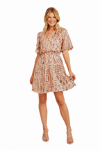 Women’s V Neck Short Sleeve Elastic Waist Sequin Mini Dress