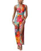 Women’s V-Neck Sleeveless Floral Print Maxi Dress with Side Slit and Tie Back