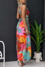 Women’s V-Neck Sleeveless Floral Print Maxi Dress with Side Slit and Tie Back