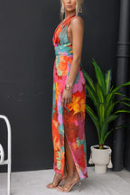 Women’s V-Neck Sleeveless Floral Print Maxi Dress with Side Slit and Tie Back