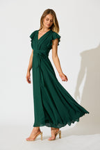 Women's Wrap Maxi Dress with Flounce Sleeves and Tie Waist