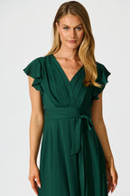 Women's Wrap Maxi Dress with Flounce Sleeves and Tie Waist