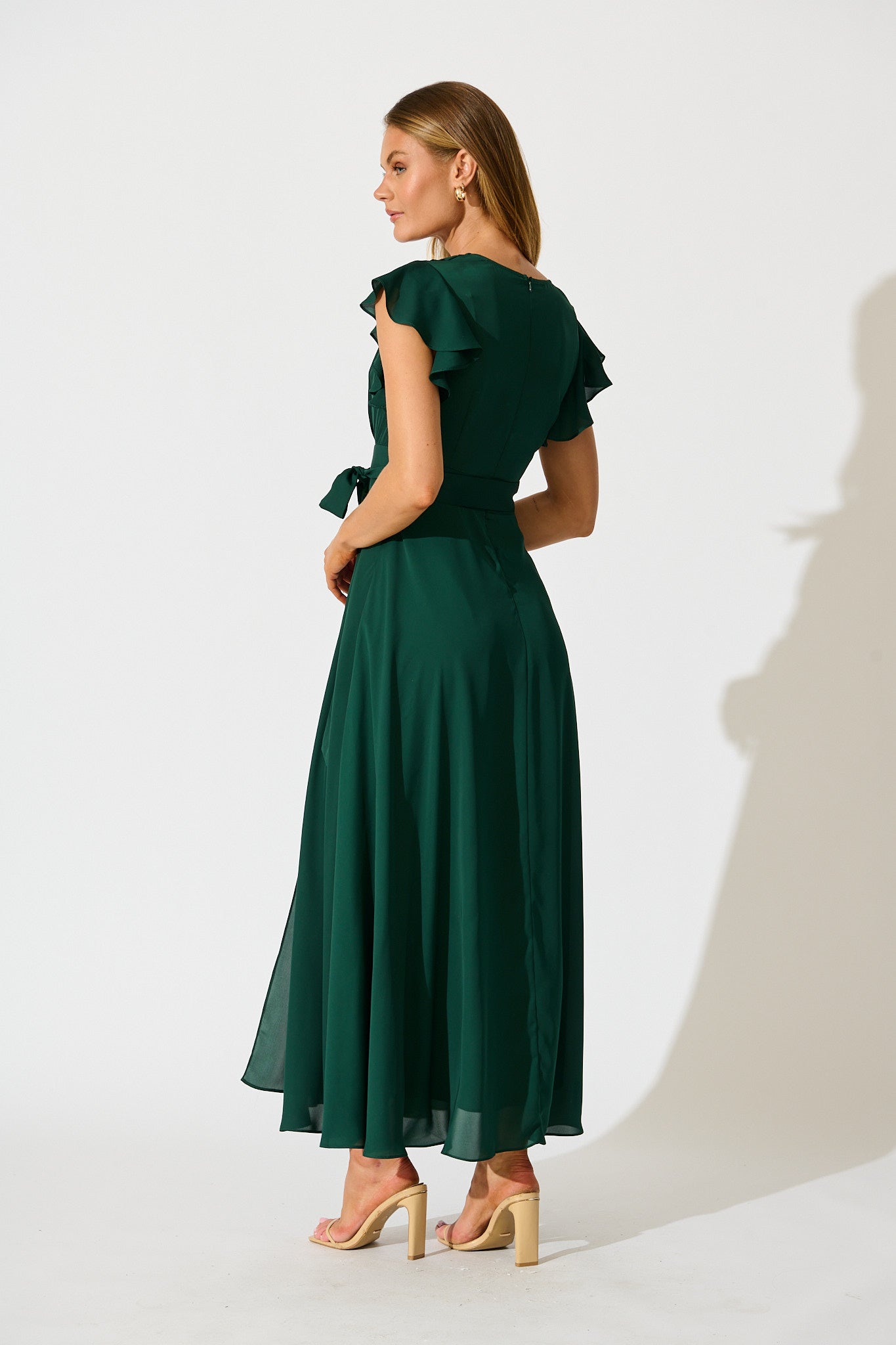 Women's Wrap Maxi Dress with Flounce Sleeves and Tie Waist