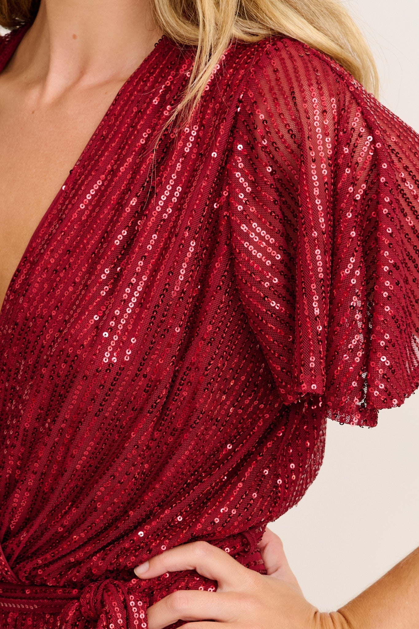 Women’s Pleated Sequin Wrap Bodice Tie Waist Mini Dress