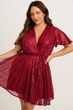 Women’s Pleated Sequin Wrap Bodice Tie Waist Mini Dress