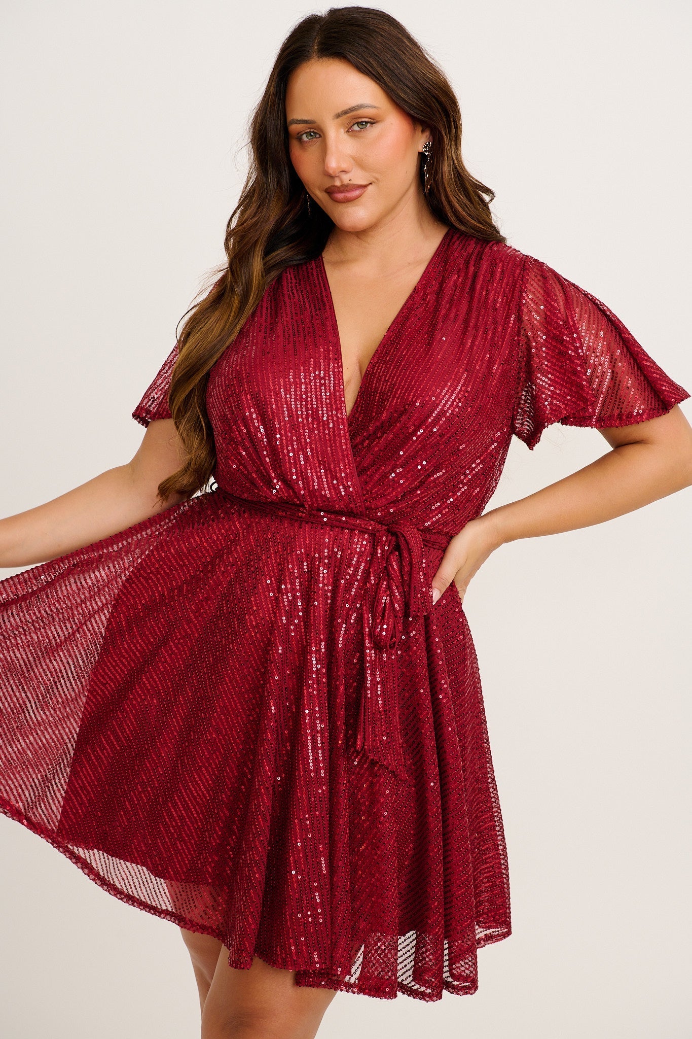 Women’s Pleated Sequin Wrap Bodice Tie Waist Mini Dress