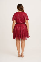 Women’s Pleated Sequin Wrap Bodice Tie Waist Mini Dress
