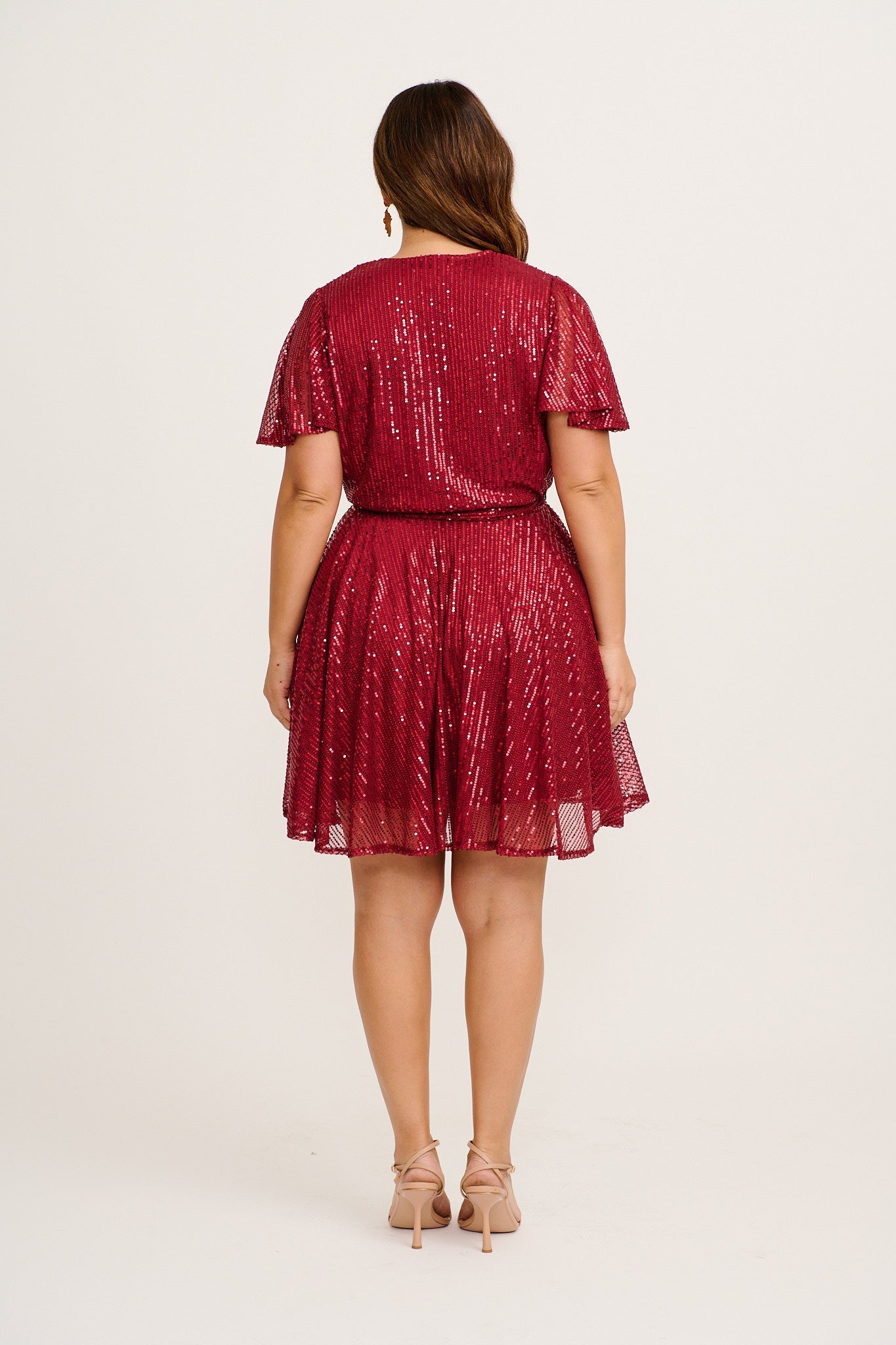 Women’s Pleated Sequin Wrap Bodice Tie Waist Mini Dress