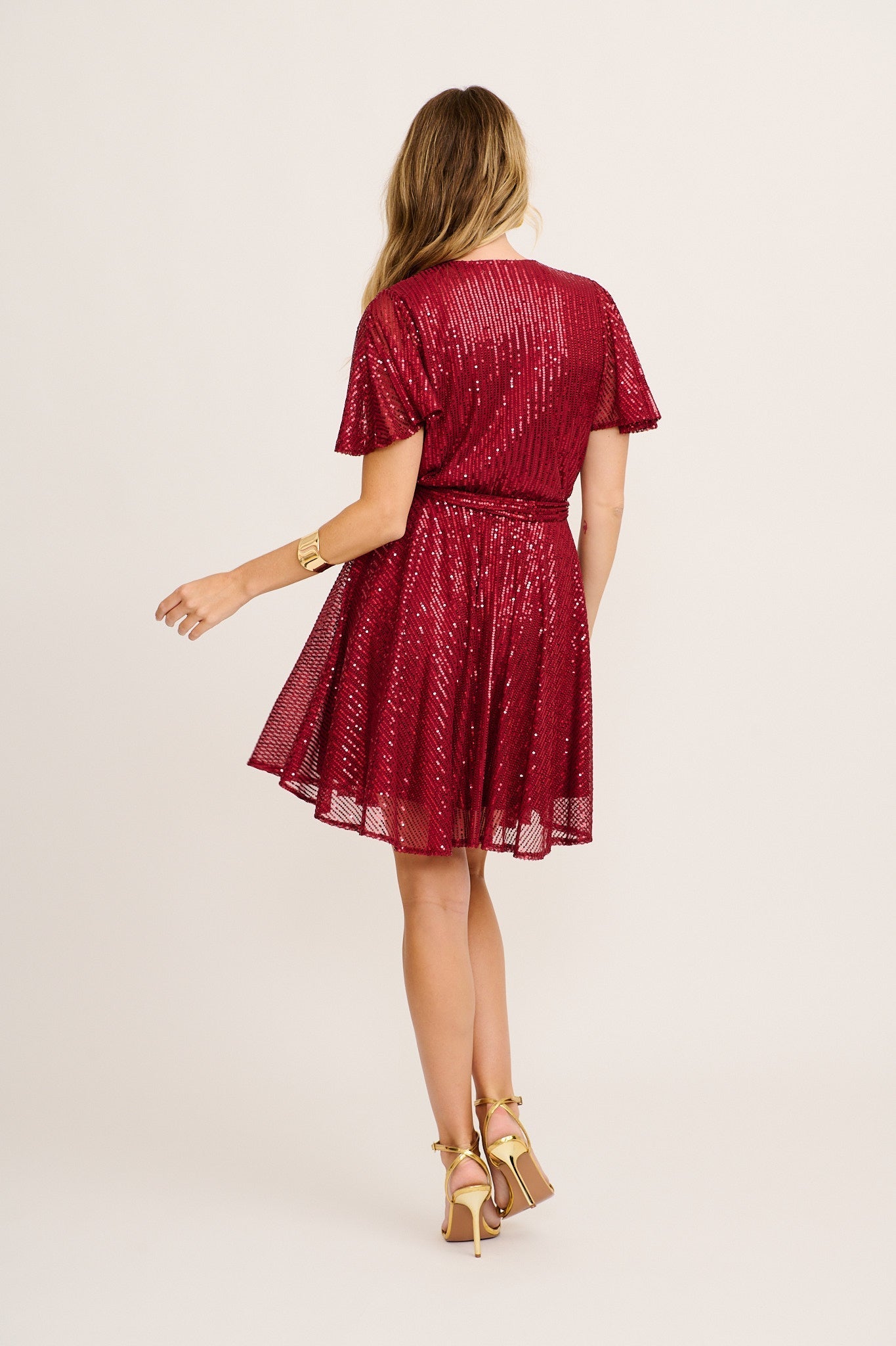 Women’s Pleated Sequin Wrap Bodice Tie Waist Mini Dress