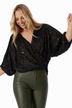 Women’s Draped Wrap Front Batwing Sleeve Sequin Blouse