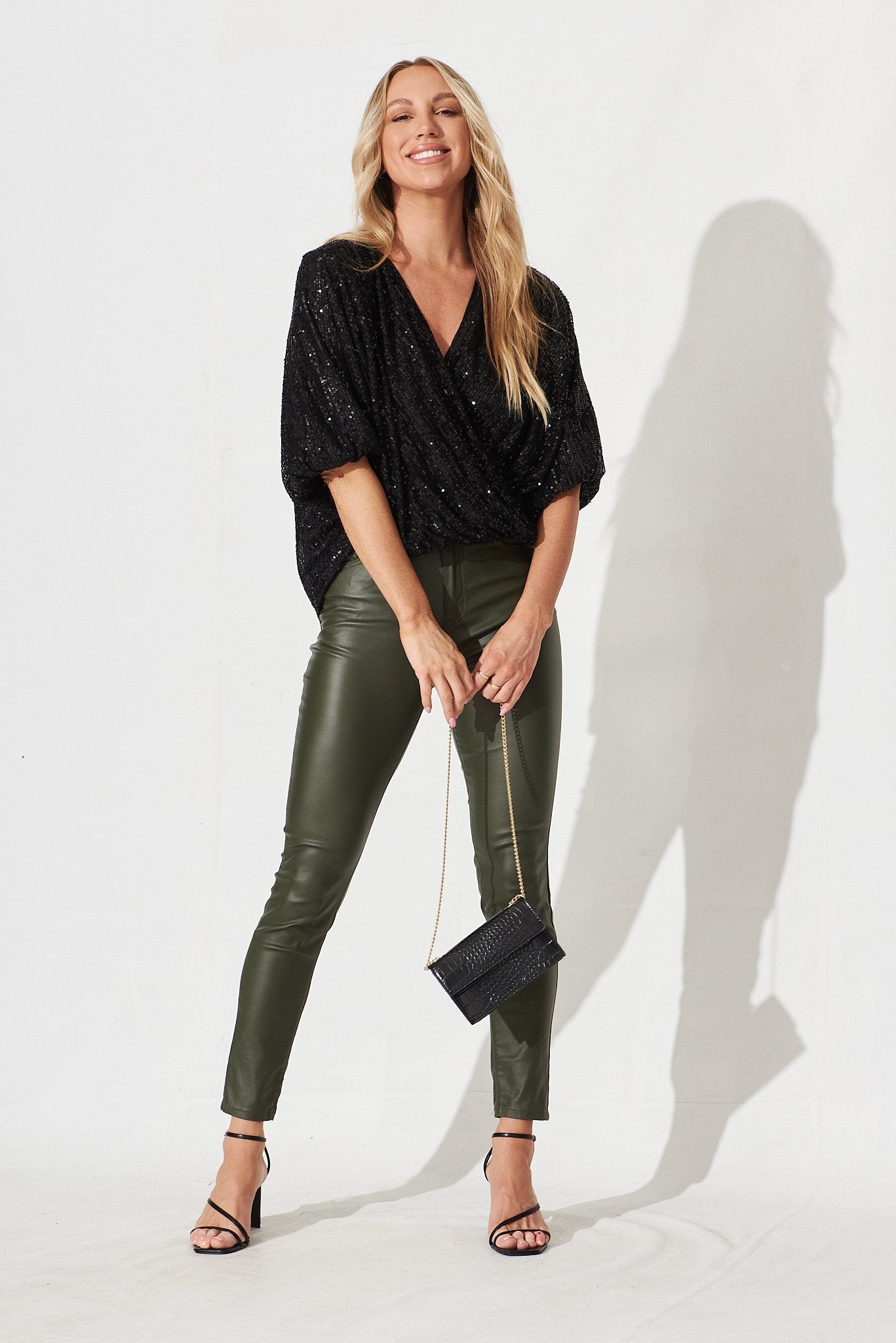 Women’s Draped Wrap Front Batwing Sleeve Sequin Blouse