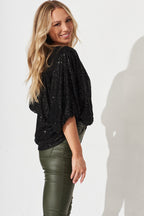 Women’s Draped Wrap Front Batwing Sleeve Sequin Blouse