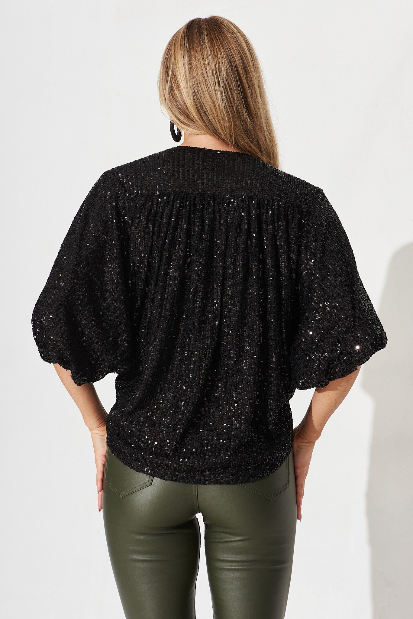 Women’s Draped Wrap Front Batwing Sleeve Sequin Blouse