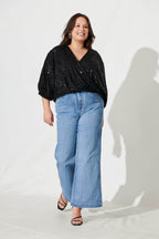 Women’s Draped Wrap Front Batwing Sleeve Sequin Blouse