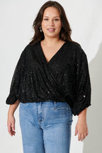 Women’s Draped Wrap Front Batwing Sleeve Sequin Blouse