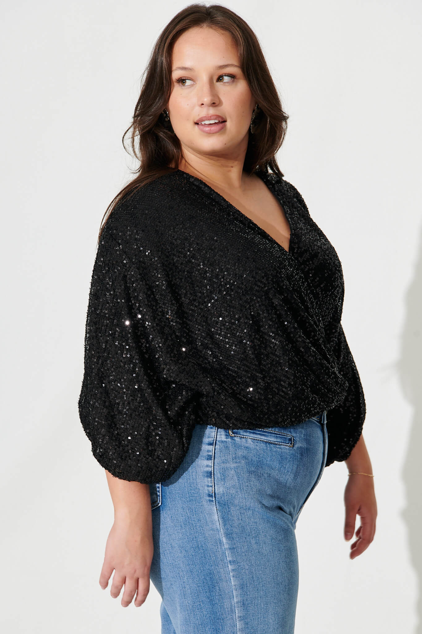 Women’s Draped Wrap Front Batwing Sleeve Sequin Blouse