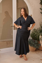 Women’s Wrap Front Flutter Sleeve Asymmetric Panel Midi Dress