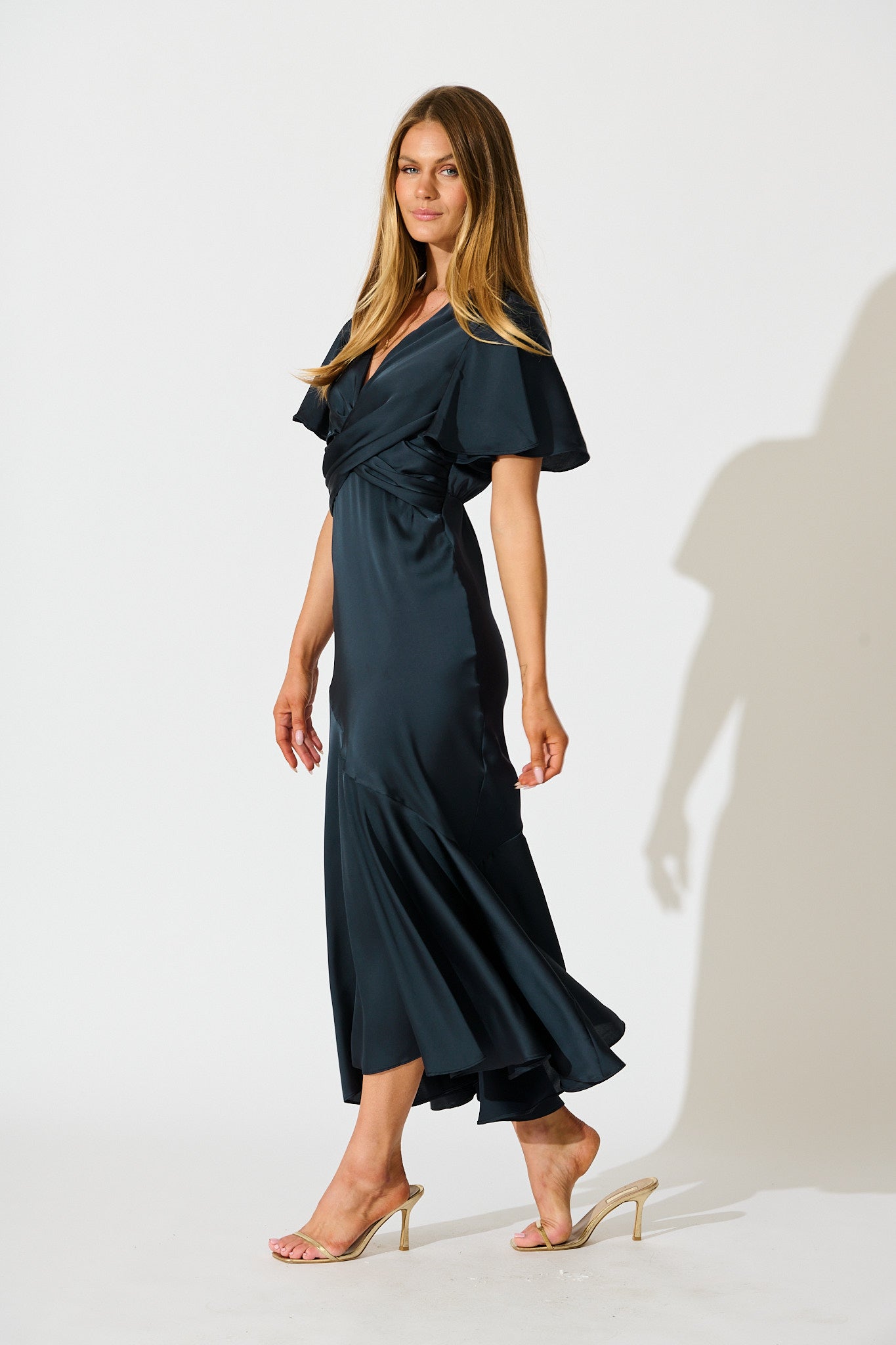 Women’s Wrap Front Flutter Sleeve Asymmetric Panel Midi Dress
