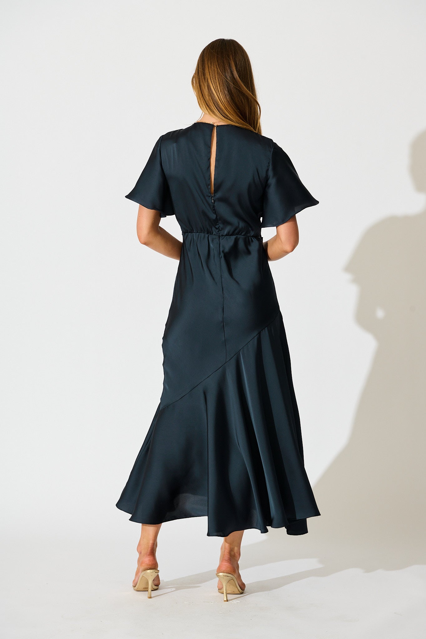 Women’s Wrap Front Flutter Sleeve Asymmetric Panel Midi Dress