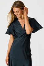 Women’s Wrap Front Flutter Sleeve Asymmetric Panel Midi Dress