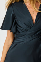Women’s Wrap Front Flutter Sleeve Asymmetric Panel Midi Dress